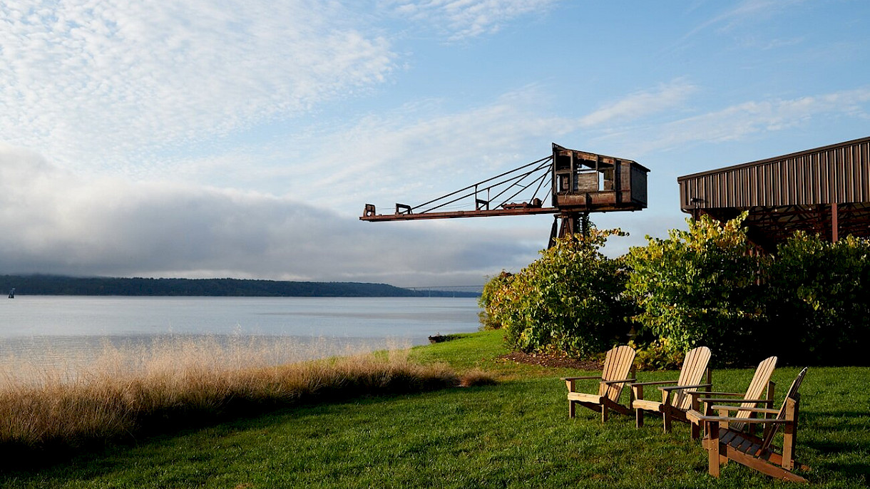 Lidgerwood crane and Hudson river at Hutton Brickyards in Kingston, NY